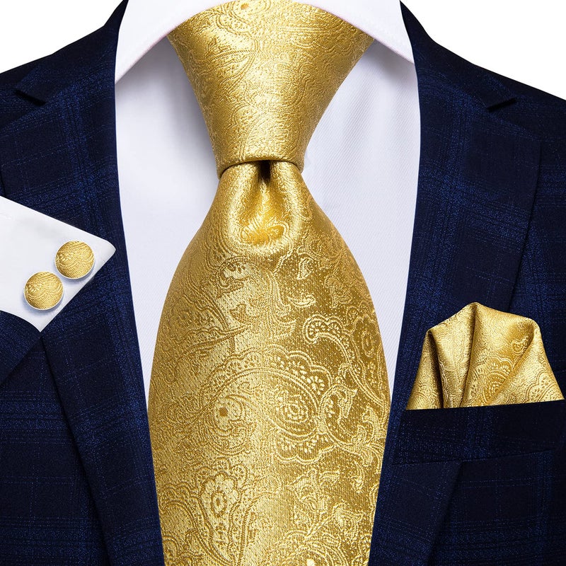 Hi-Tie ربطات عنق هاي-تاي للرجال بنمط المربعات، ربطة عنق كلاسيكية بنقشة بايزلية مع منديل وأزرار أكمام، ربطة عنق بخطوط للأعمال، ذهبية - Image 3